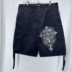 Spiral Mens Black Cargo Shorts Medium Iron Cross‎ Heavy Metal Gothic Button Fly